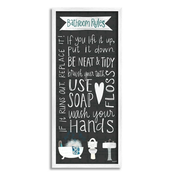 Stupell Industries Bathroom Rules Sign Whimsical Tub Toilet Sink, 10 x 24,Design by Katie Doucette