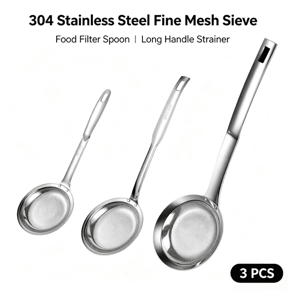 Vruelia 3 items 304 Stainless Steel Fine Mesh Strainer Fine Mesh Sieve Stainless Steel Colander Food Strainer Colander Sieve With Long Handle
