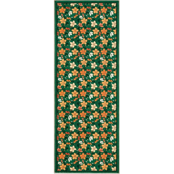 2x6 Washable Boho Floral Runner, Non-Slip, Low Pile, Soft Throw Rug for Entryway, Kitchen, Kids Room, Beige, Green, Blue, Small Machine Washable.