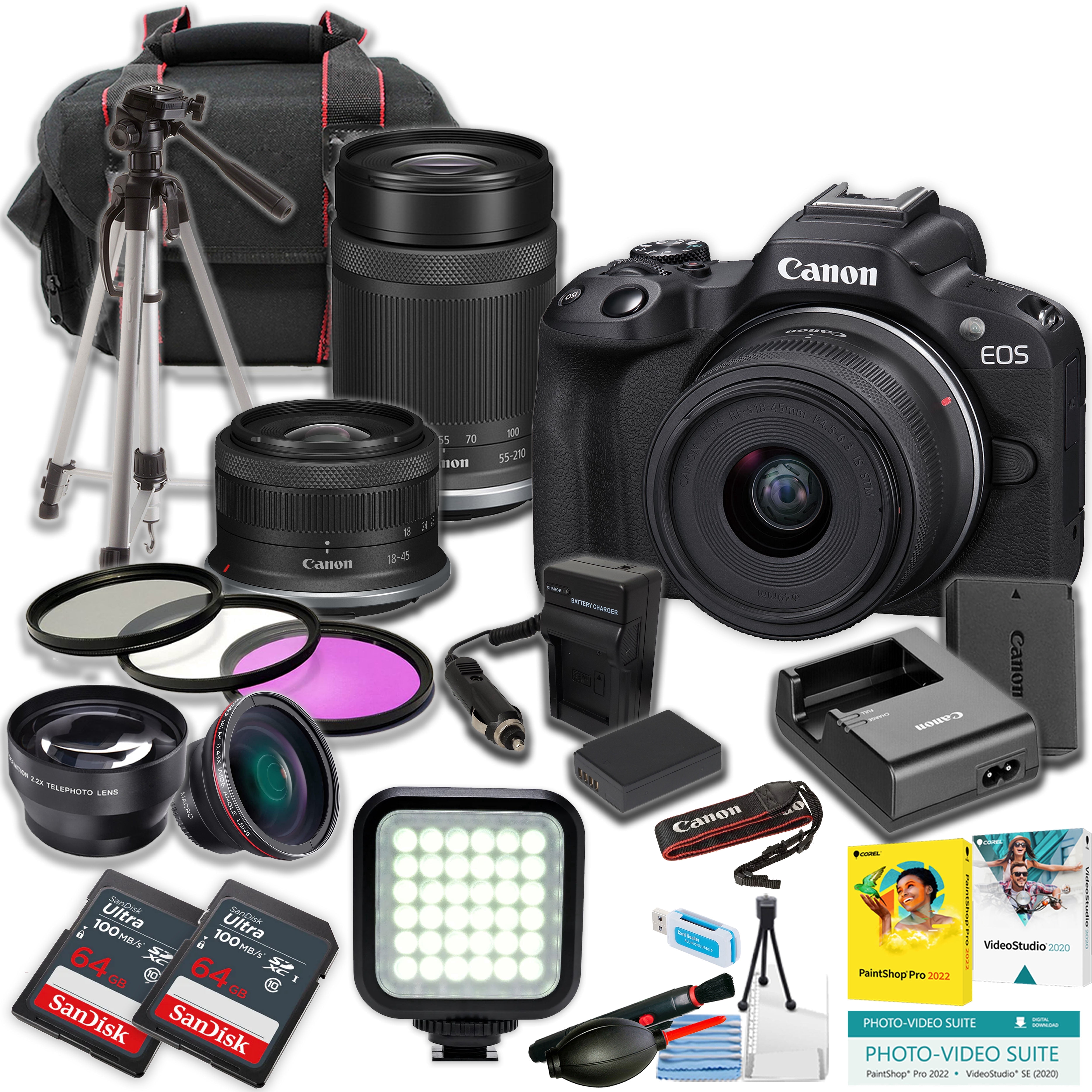 Canon EOS R50V Mirrorless Camera w/14-30mm and 55-210mm Lens + LED