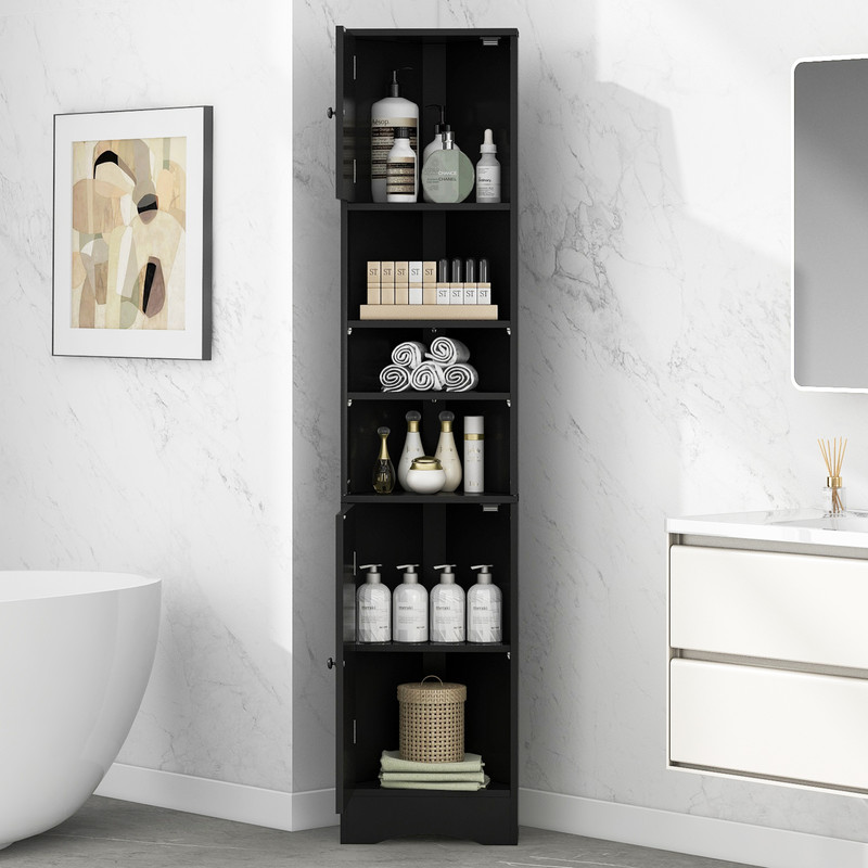 Triangular Corner Storage Cabinet with 2 Doors, Tall Bathroom Hutch Cabinet and Adjustable Shelves