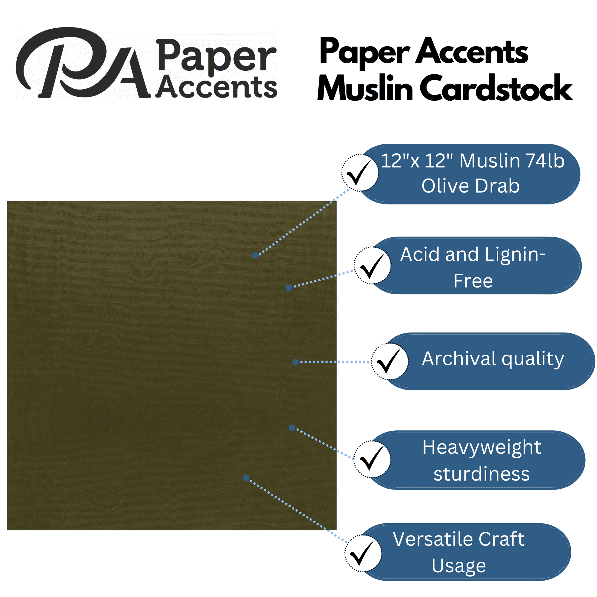 PA Paper Accents Muslin Cardstock 12" x 12" Olive Drab, 74lb colored cardstock paper for card making, scrapbooking, printing, quilling and crafts, 25 piece pack