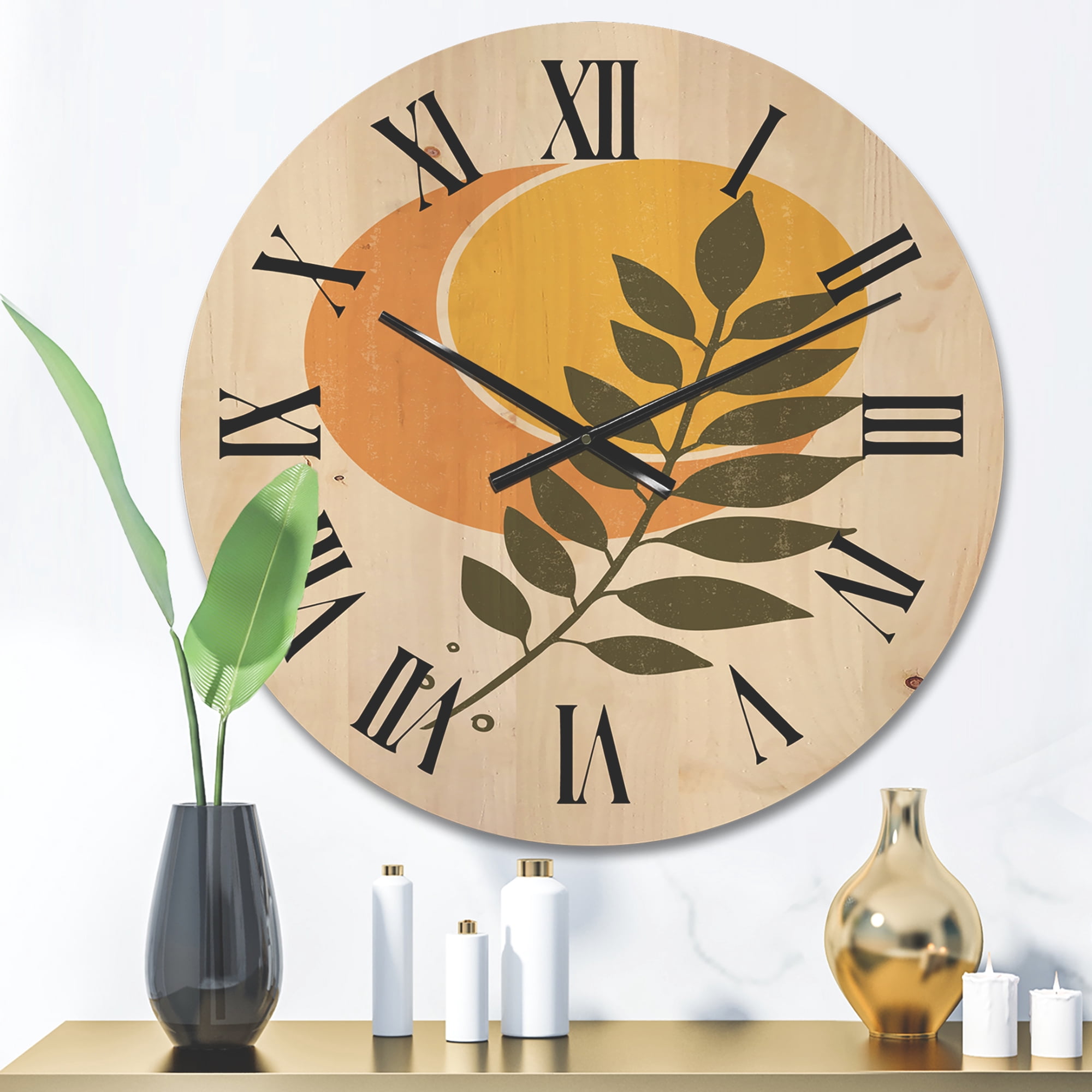 Designart 'Abstract Geometrical Moon and Sun With Leaf V' Modern Wood Wall Clock