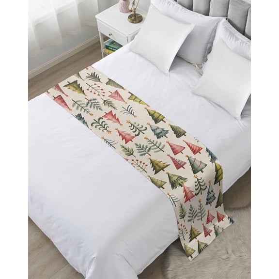 Bed Runner Scarf King Size, Christmas Trees Stain Bed Runners & Scarves for Foot of Beds, Winter Xmas Watercolor Pine on Linen Decorative Bedding Runner Scarf for Hotel Home Bedroom