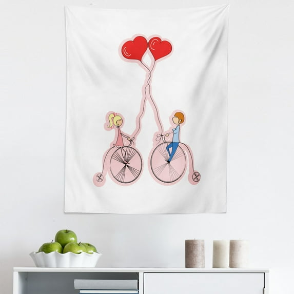 Bike Party Tapestry, Cartoon Drawn Heart Shaped Balloons and Romantic Couple on Old Bicycles, Fabric Wall Hanging Decor for Bedroom Living Room Dorm, 5 Sizes, White Blush Scarlet, by Ambesonne