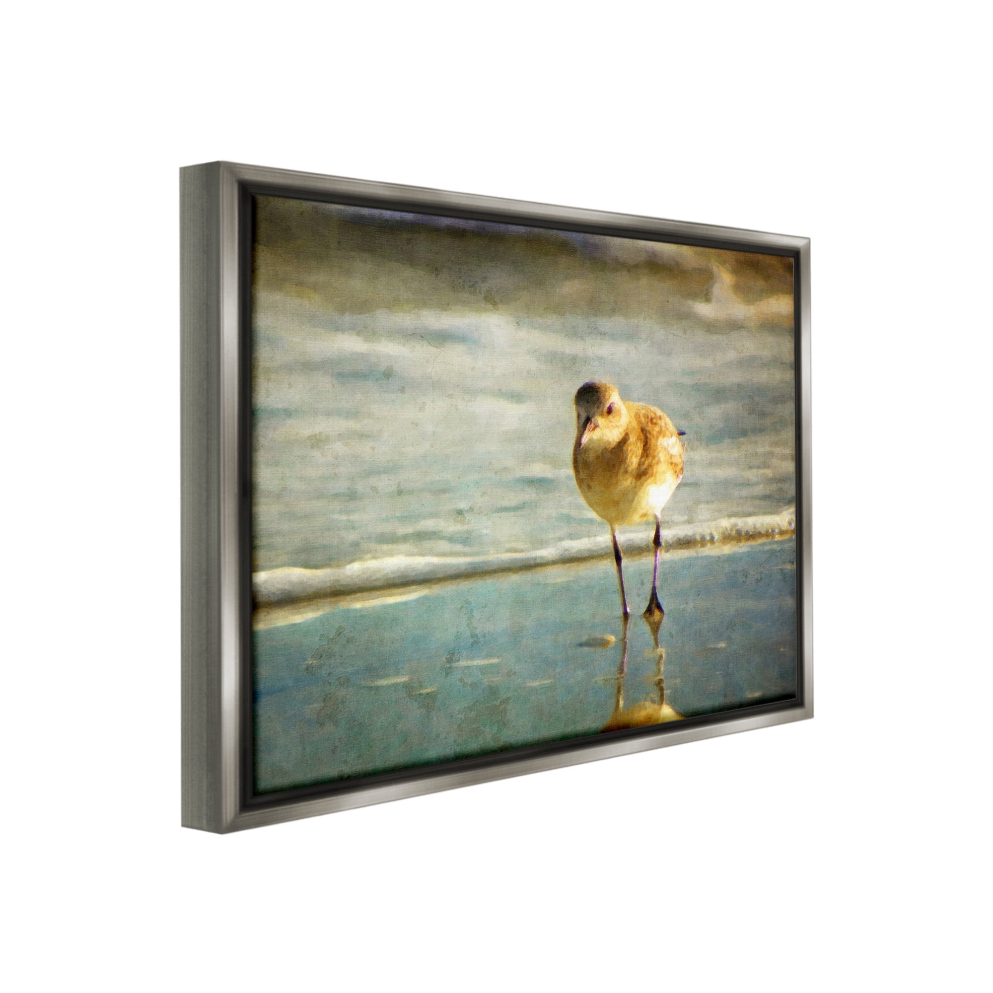 Stupell Industries Stepping Sandpiper at Shore Animals & Insects Photography Gray Floater Framed Canvas Art Print Wall Art, 21 x 17