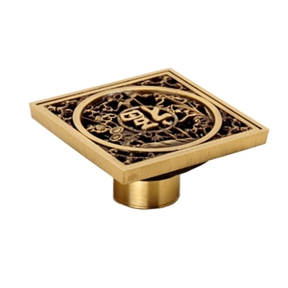 4 Inch Square Shower Floor Drain with Removable Cover Hair Strainer, China's Vintage Carved Floor Drain Decor