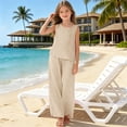thumbnail image 4 of FAVIPT Kids 2 Piece Outfits Girls Summer Sleeveless Crewneck Linen Tank Tops Straight Wide Leg Pants Casual Solid Loose Sets Beige,5 Years, 4 of 9