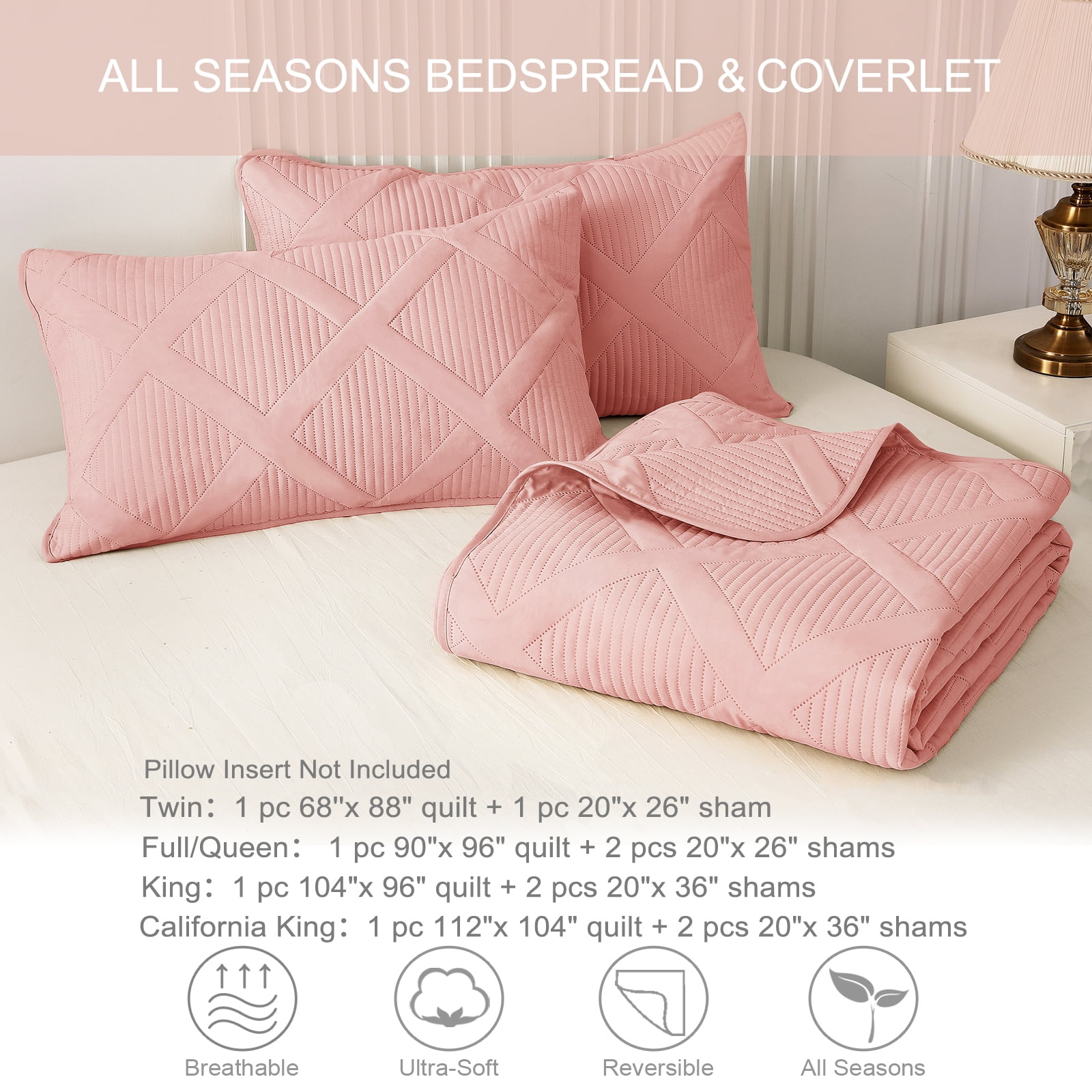 Exclusivo Mezcla Ultrasonic Twin Quilt Set, 2-Piece Lightweight Bedspreads Modern Striped Coverlet, Blush Pink