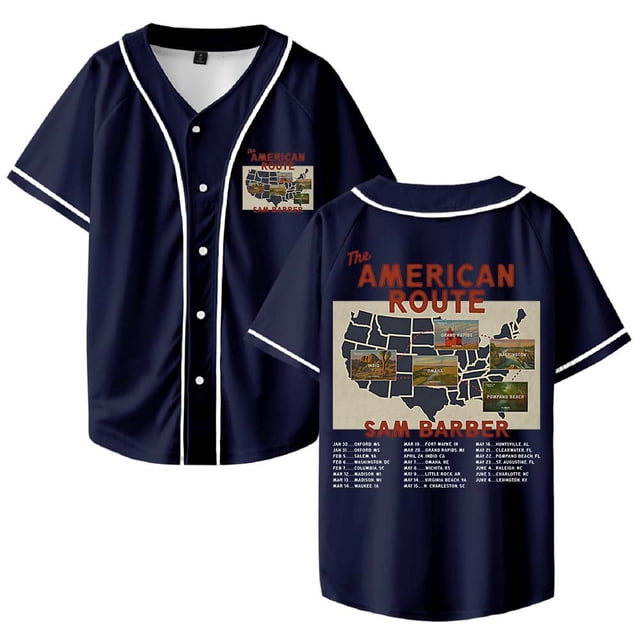 Sam Barber The American Route Tour 2026 Jersey de béisbol camisa con cuello en V mujeres hombres ropa de calle de manga corta,Navy,XL