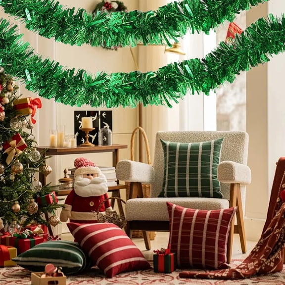 Nkmbld Christmas Tinsel Garland Xmas Tree Decorations Metallic Ribbon Twist Garland Ceiling Hanging Decorations for New Year Party Holiday Decor, Green
