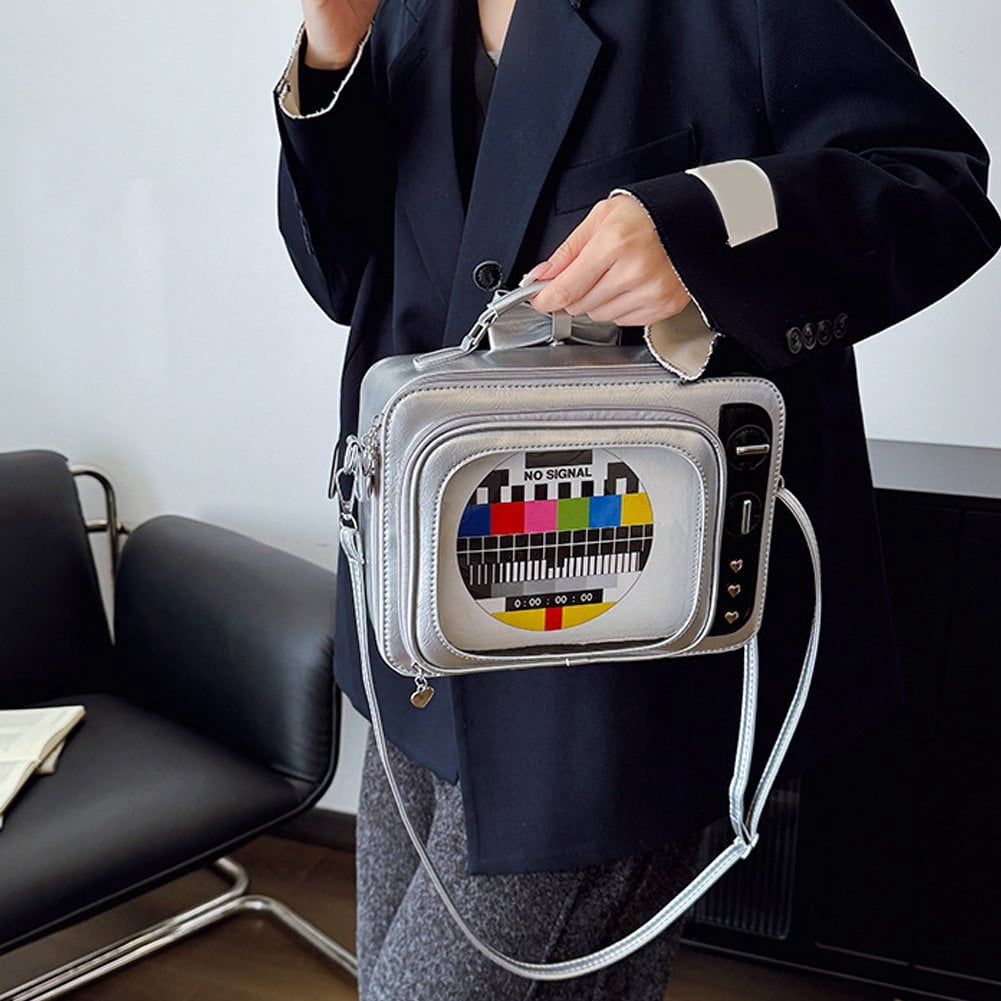 Vjnyvs TV Shape Ita Bag Retro Backpack PU Leather Shoulder Crossbody Bag Cute Transparent Backpack Daypack Rucksack Bag for Women, Gi