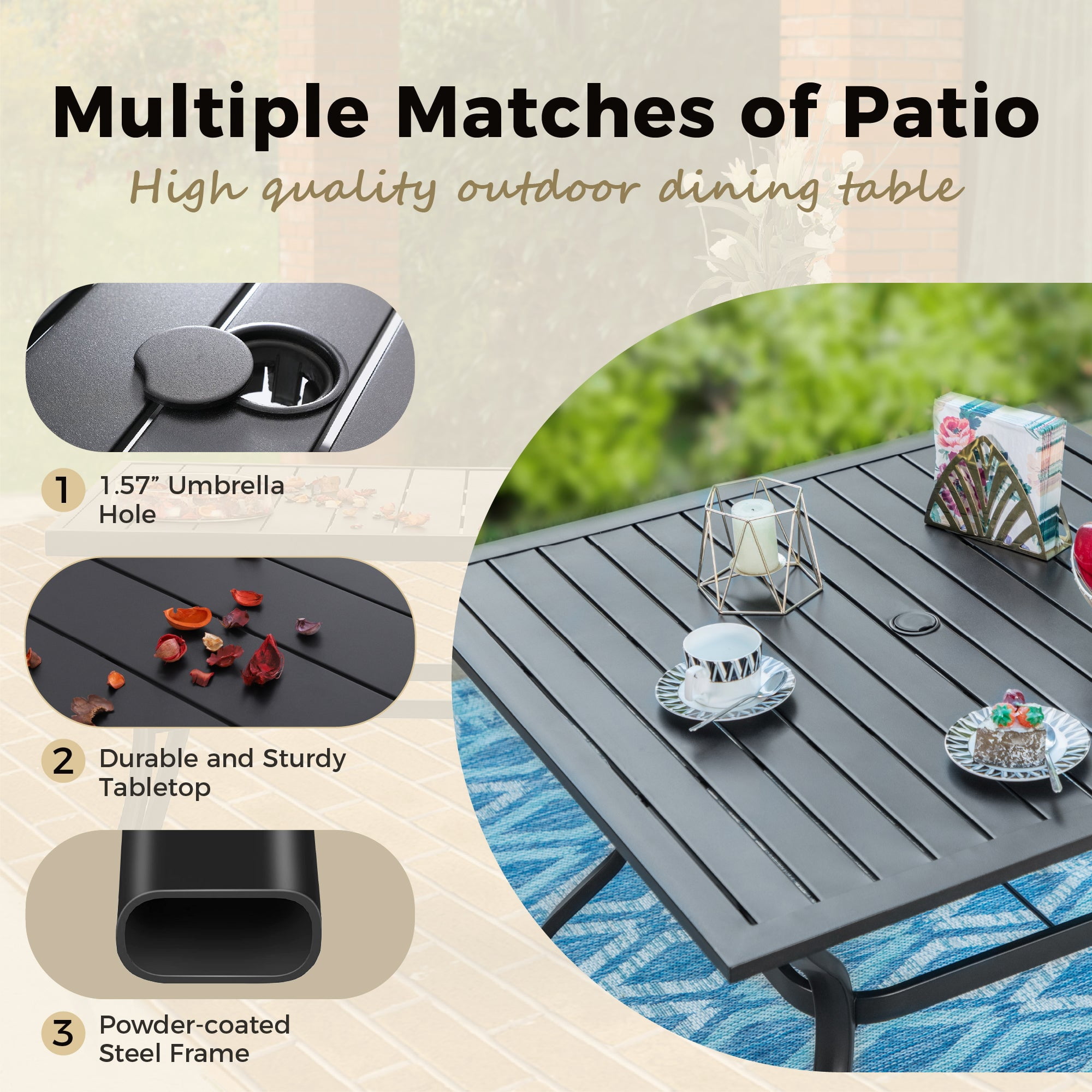 5-Piece Outdoor Patio Dining Set with Cushioned Swivel Chair & 37” Square Steel Table with umbrella Hole for 4 People, Black & Beige
