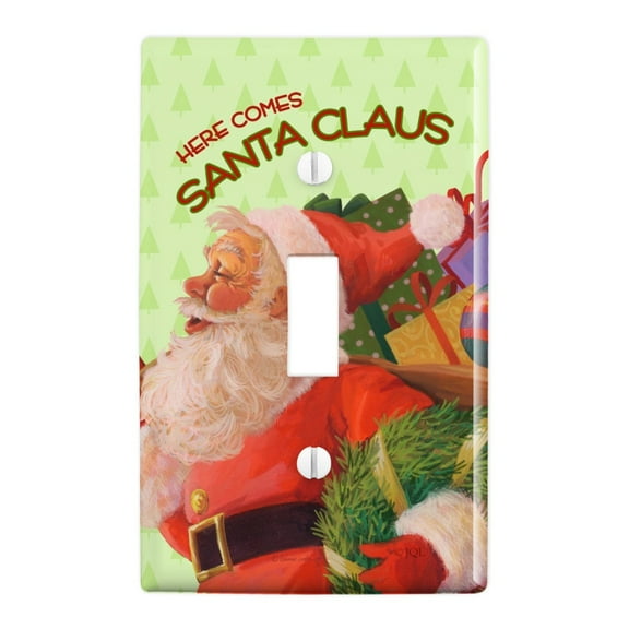 Christmas Holiday Here Comes Santa Claus Graphic Plastic Wall Decor Toggle Light Switch Plate Cover