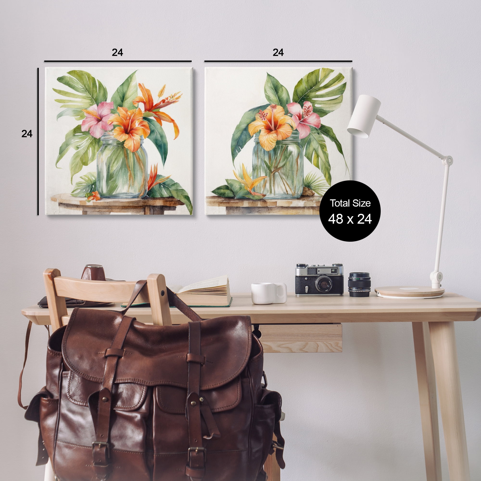 Stupell Industries Tropical Hibiscus Floral Jar Plants & Flowers Painting Wrapped Canvas Art Print Wall Art, 24 x 24, Set of 2