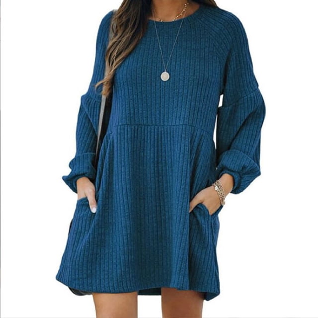 Jupe Côtelée Tricotée pour Femmes Manches Lanterne Col Rond Robe Courte Chandail Jupe avec Poches Automne Hiver Jupe Inférieure