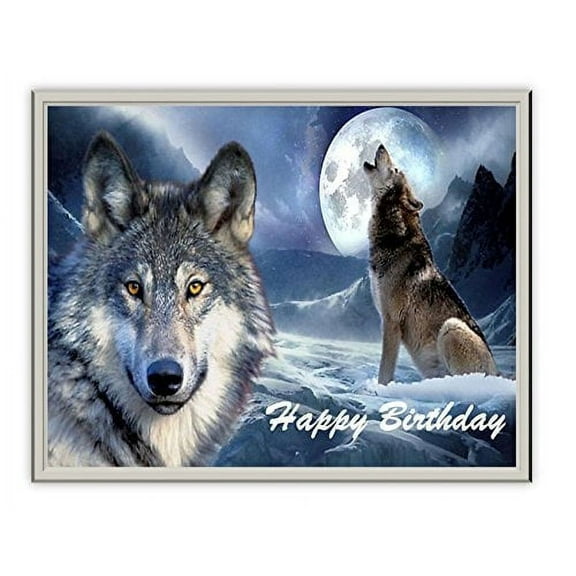Whimsical Practicality's Grey Wolf Howling at Moon Edible Icing Image Cake Topper-1/4 Sheet or Larger