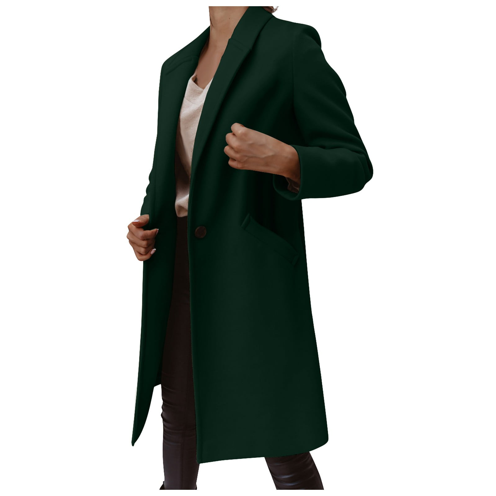 TKing Fashion Womens Cardigan Colid Color Long Sleeves Lapel Mid-length  Button Woolen Coat Cardigan Sweaters For Women Dark Green M