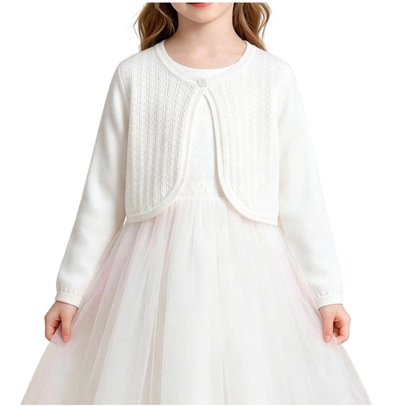 SGFCWSX Girls Cardigan Cropped Shrug One Button Hollow Out Knit Dressy Wedding Sweater for Kids White Size 7