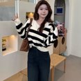 thumbnail image 3 of Autumn Winter New Vintage V-neck Two-piece Set Sweaters Women Fashion Striped Loose Off Shoulder Thick Wool Knitted Pullover, 3 of 5
