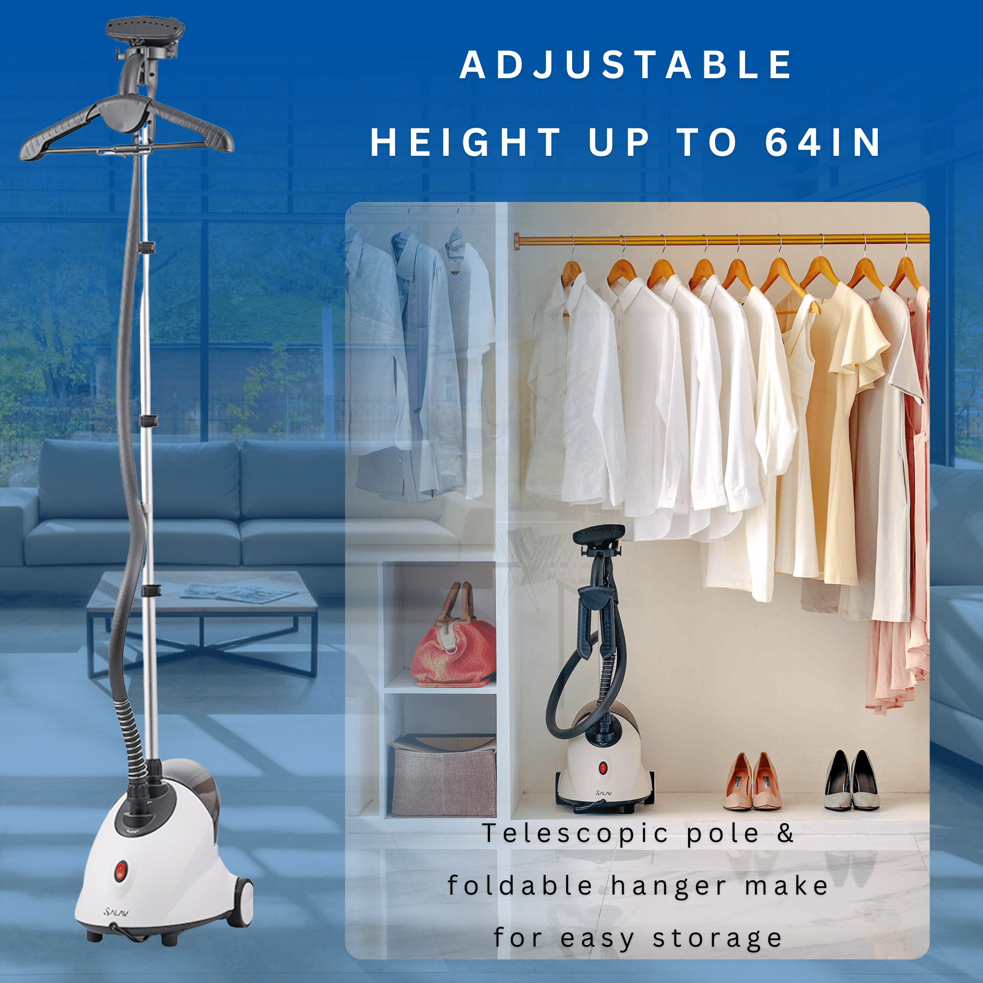 Open Box SALAV Continuous Steam Upright Standing Garment Steamer with Extra Large Water Tank White