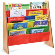 Kids Bookshelf Organizer with 5 Multicolored Nylon Shelves - Wooden Kids Bookcase with 5 Shelves Book Orgnizer Storage & Magazine Rack