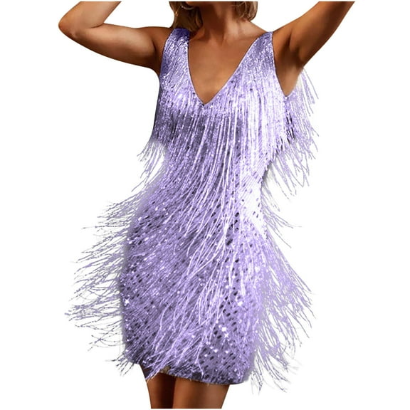 Sexy Dresses for Women Going Out Sequin Glitter Mini Dress 1920s Flapper Fringe Dress Vintage Dance Dress V Neck Sleeveless Costume Cocktail Party Dress Tassels Ballroom Tango Latin Dance Dress