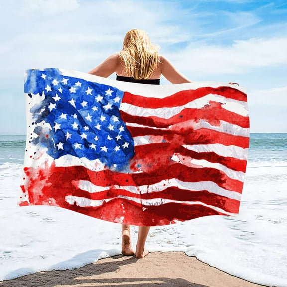 4Th of July Djunllk Beach Towel - Independence Day Patriotic Flag Print Microfiber Beach Blanket, Water Absorbing Sandproof Lightweight Portable Beach Vacation Essentials, 27.5" x 55.1"