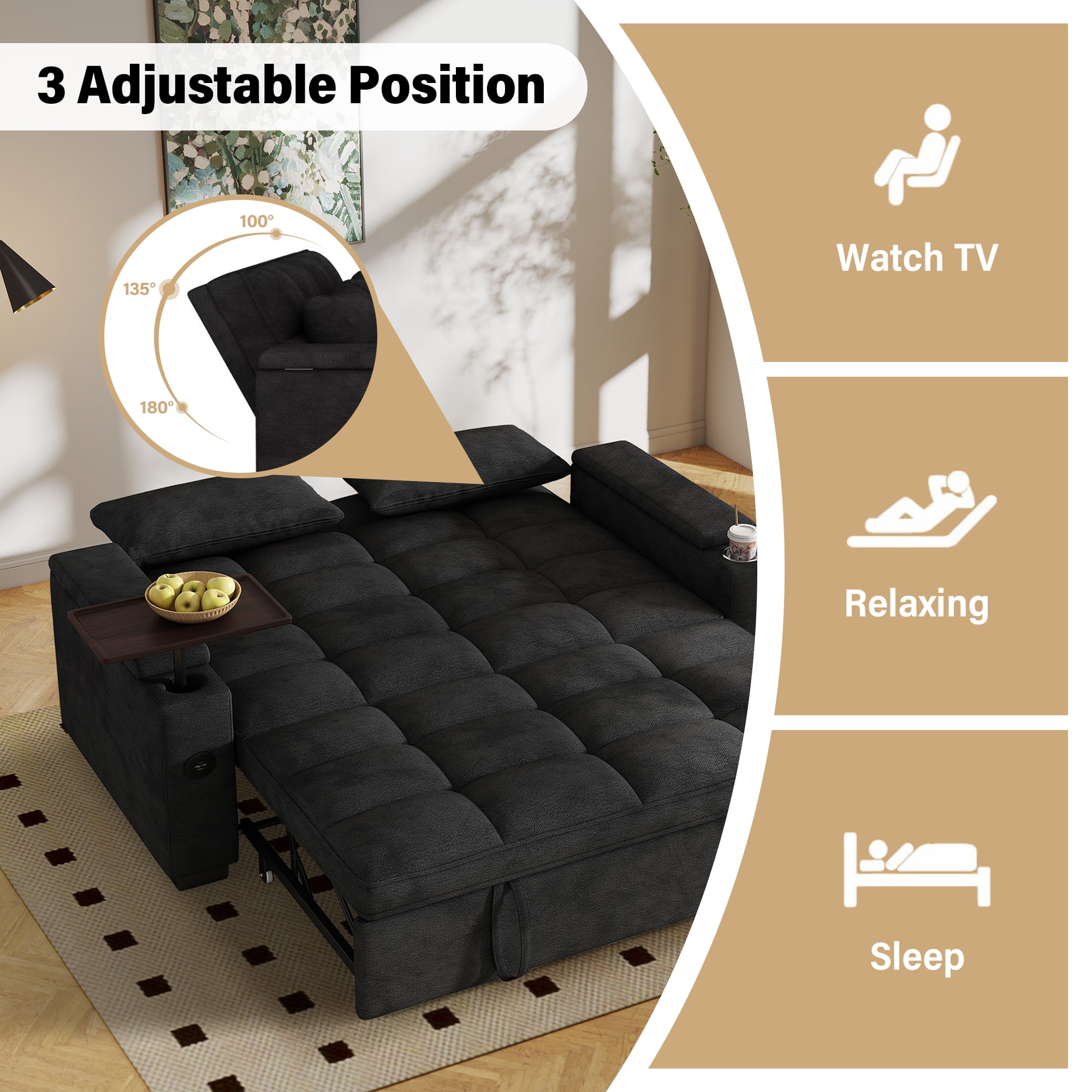 Aukfa 65"W Convertible 3-in-1 Sofa Bed with Storage, Queen Chenille Sleeper Couch with USB/Type-C Ports & Rotating Side Table,Black