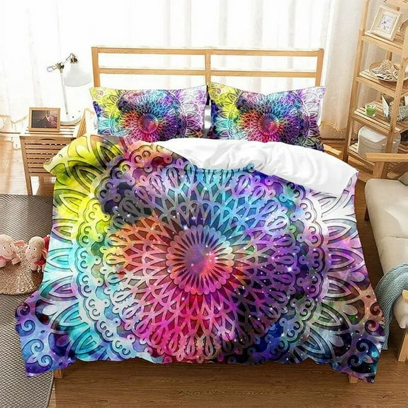 Mandala Flower Duvet Cover Set Bohemian Style Colourful Flowers Comforter Cover King Size for Boys Polyester Bedding Se