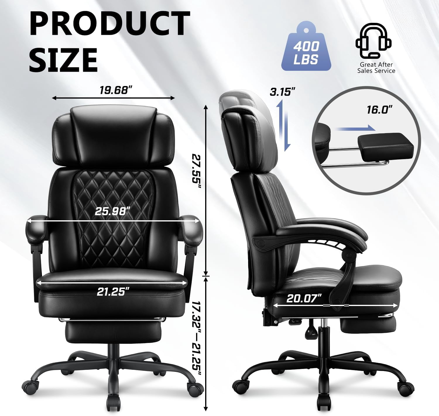 Big and Tall Office Chair 400lbs Capacity, Ergonomic Executive Chair with Linkage Armrests, Adjustable Headrest, Retractable Footrest & Lumbar Support, High Back PU Leather Desk Chair, Black