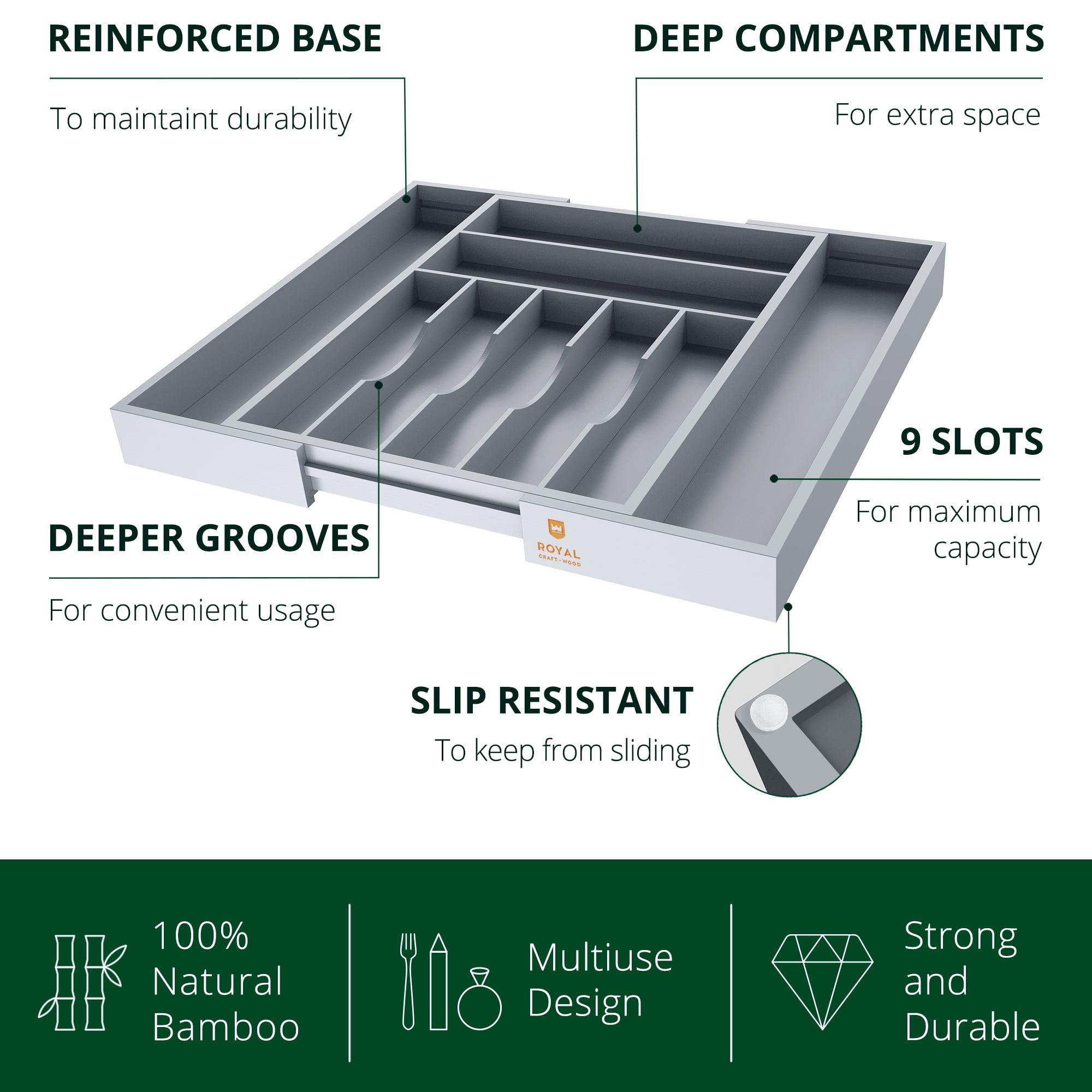 Royal Craft Wood Luxury Bamboo Kitchen Drawer Organizer - Silverware Organizer - Utensil Holder and Cutlery Tray with Grooved Drawer Dividers for Flatware and Kitchen Utensils (9 Slot, Gray)