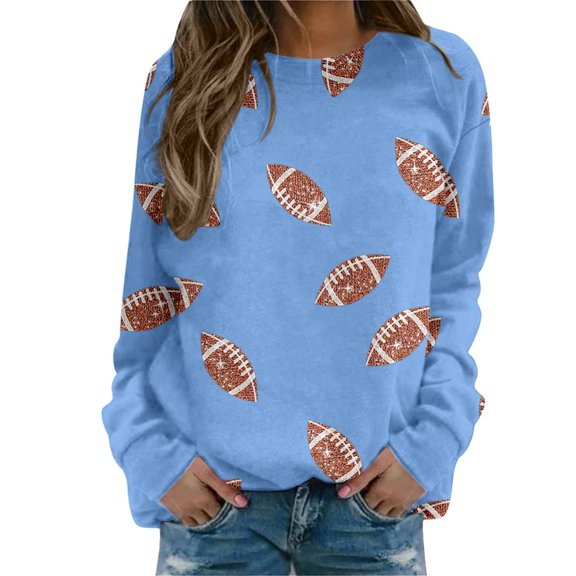 Fsqjgq Womens Football Sequin Rugby Sweatshirt Game Day Y2K Crewneck Oversized Hoodies Long Sleeve Pullover Tops Blouse Blue S