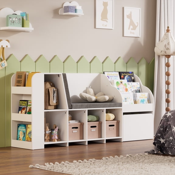70.9" Kids Reading Nook with Bench, Kids Bookshelf and Bookcase with Seat Cushion and 5 Storage Cubbies, Toy Chest with Chalkboard for Playroom, Bedroom, School, White