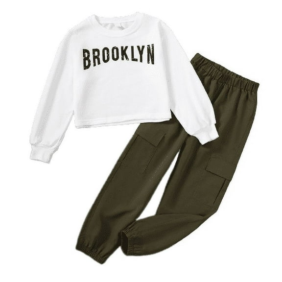 Mikrdoo Big Boys Kids Boys Outfits Letter Print Long Sleeve Tops Elastic Pocket Pants 2Pcs Fall Clothes Set White 11-12 Years