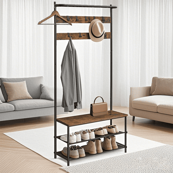 LEDREM Hall Tree Entryway Bench with Shoe Storage, 9 Hooks and Fabric Shelves, Coat Rack and Shoe Rack, Rustic Brown and Black