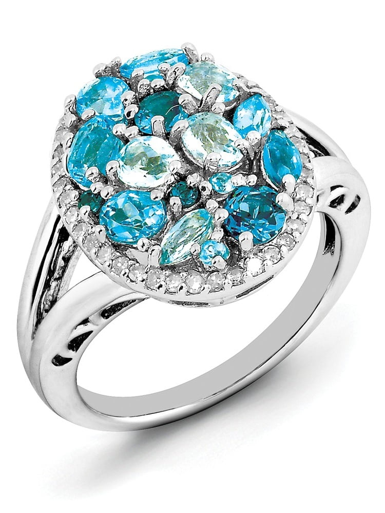 925 Sterling Silver (0.2cttw) Diamond and Blue Topaz Ring Size-6 by