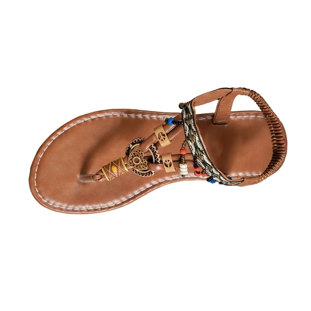Negro Correa de Tobillo Sandalias de Moda Casual Redondo-Pie Abierto-Pie Estilo Romano con Perlas de la Playa Bohemia Sandalias Planas con Correas de Tobillo