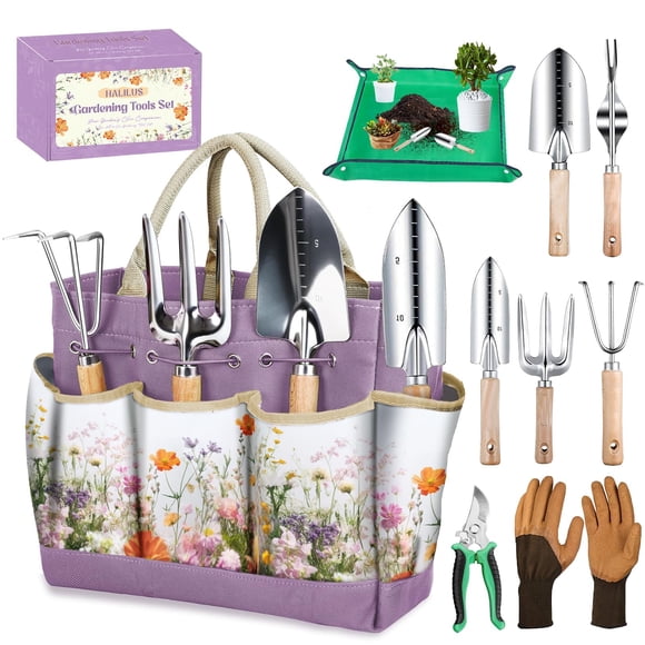 Juego de herramientas de jardinería Halilus de acero inoxidable de 9 piezas con bolsa