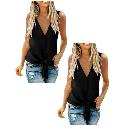 

Betiyuaoe 2PCS Womens Summer Tops Tie knotted Hundred Camisole Tops Women s Casual Comfortable Womens Holiday Tops V-neck Button