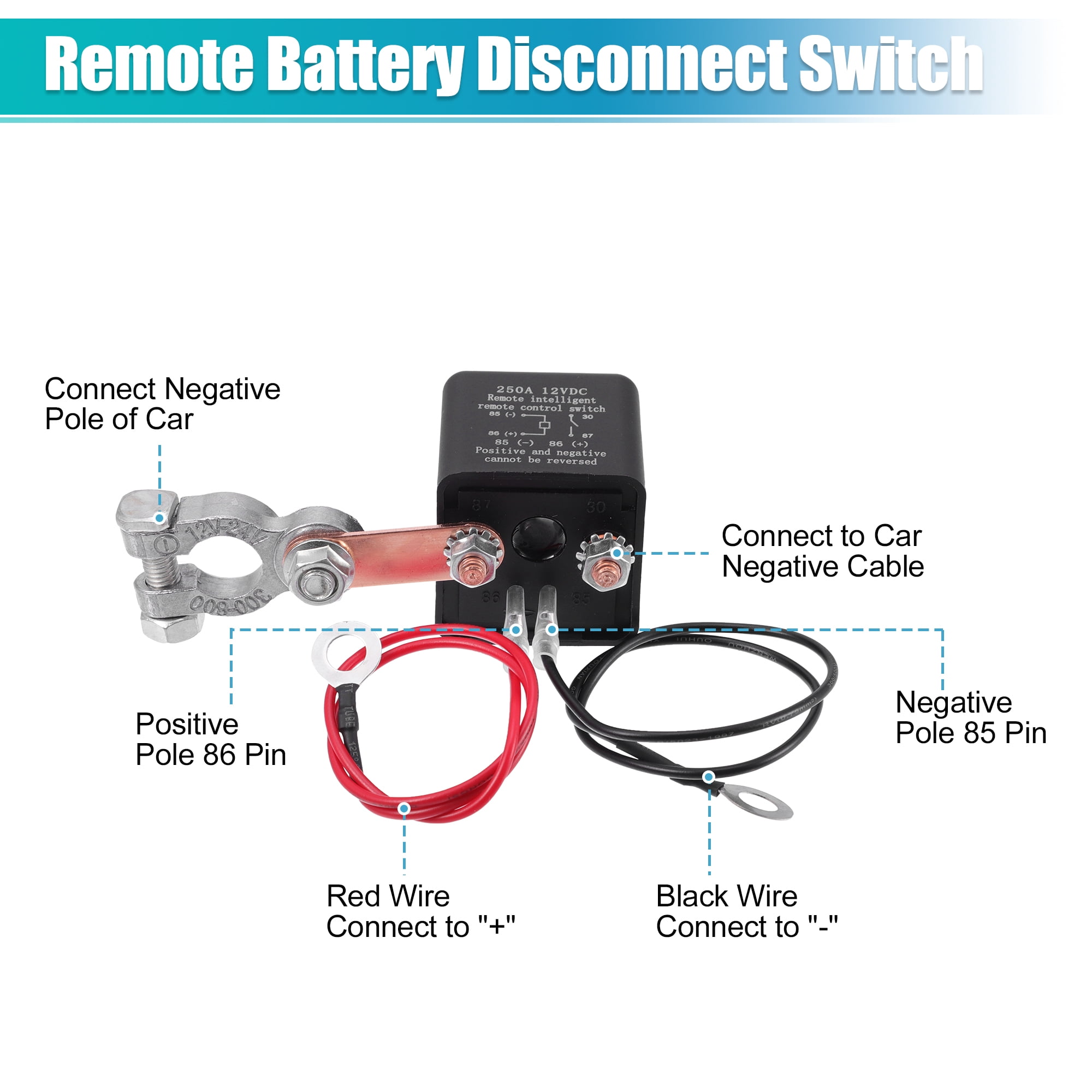 Unique Bargains 1 Set 12V 250A Car Battery Disconnect Switch Remote Kill Switch w/ Relay Keys for Car RV Truck