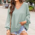 thumbnail image 2 of Mujeres Casual Moda Cómodo Jersey Manga Larga Con Cuello En V Blusas Soild Camiseta Pompotops  FGAJ15272, 2 of 6