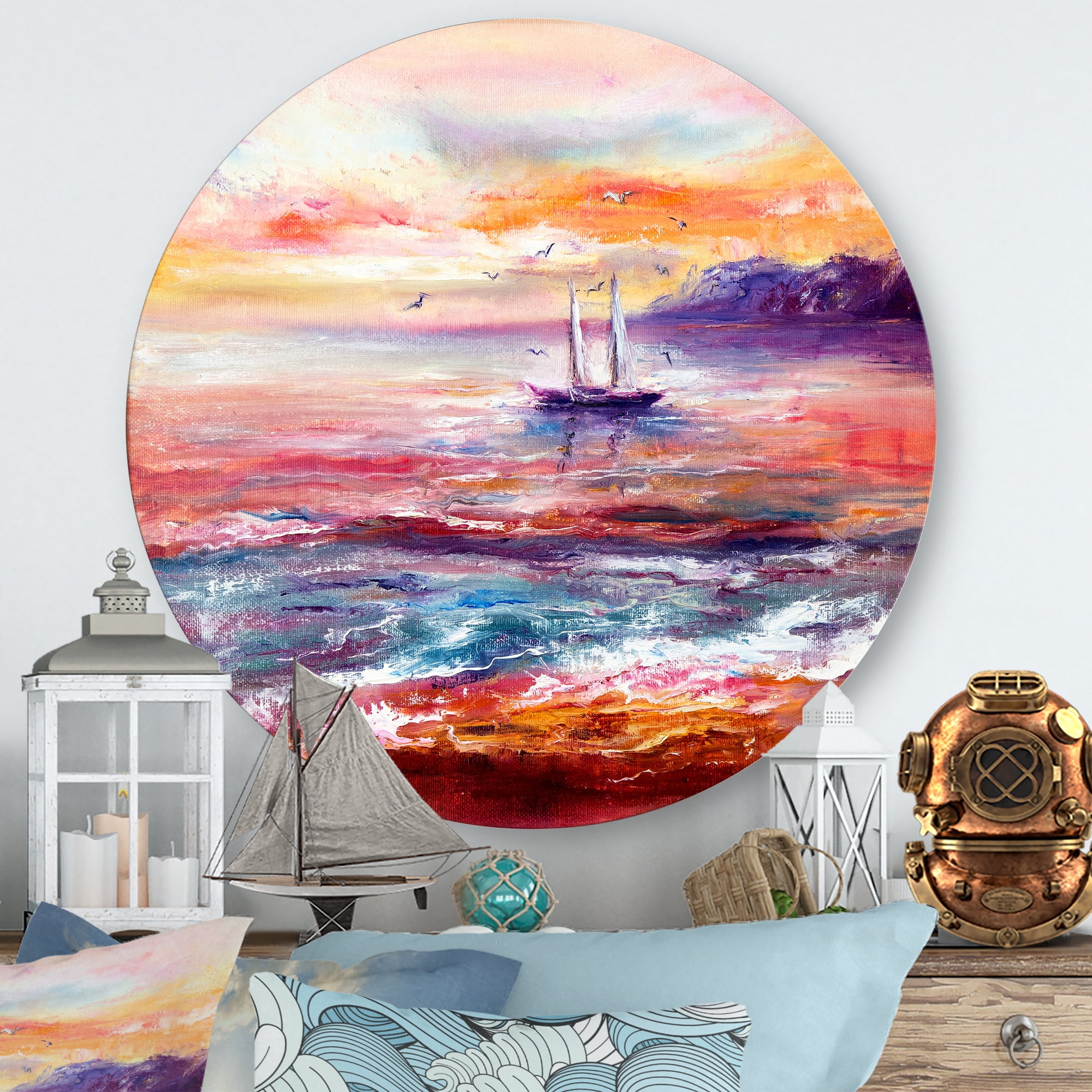 Designart 'Boat On The Ocean During VIbrant Sunset Glow' Nautical & Coastal Circle Metal Wall Art 11x11 - Disc of 11