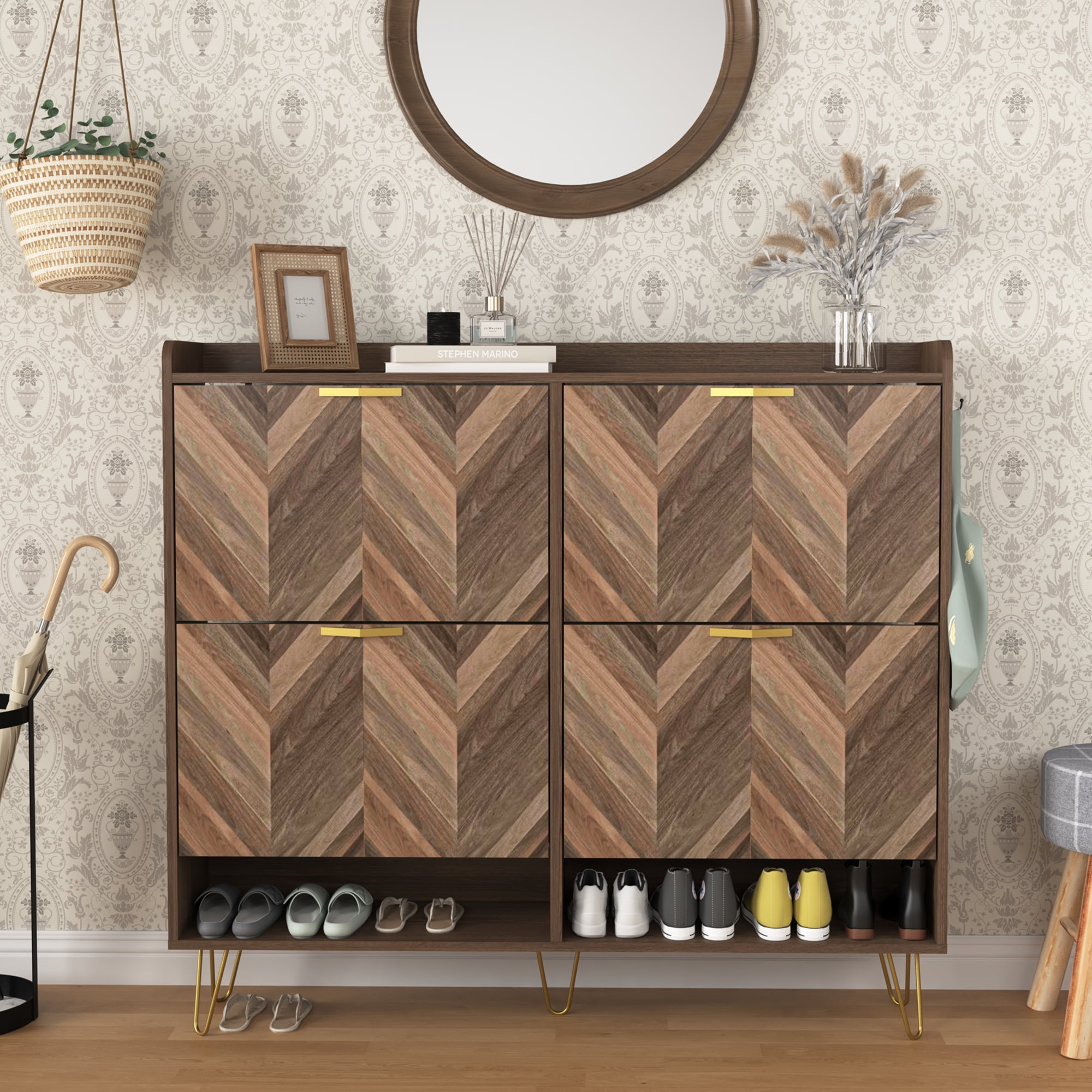 Finihen Shoe Cabinet, Large Shoe Storage Organizer Cabinet with 4 Flip Drawers, Freestanding Narrow Shoe Rack with Adjustable Shelf for Entryway, Brown Finihen Shoe Cabinet, Large Shoe Storage Organizer Cabinet with 4 Flip Drawers, Freestanding Narrow Shoe Rack with Adjustable Shelf for Entryway, Brown