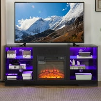 3D Electric Fireplace Lighted TV Stand with LED Lights Wooden Open Glass Shelf Table for 60-65" TVs, entertainment center with  USB Charging for Living Room,Black