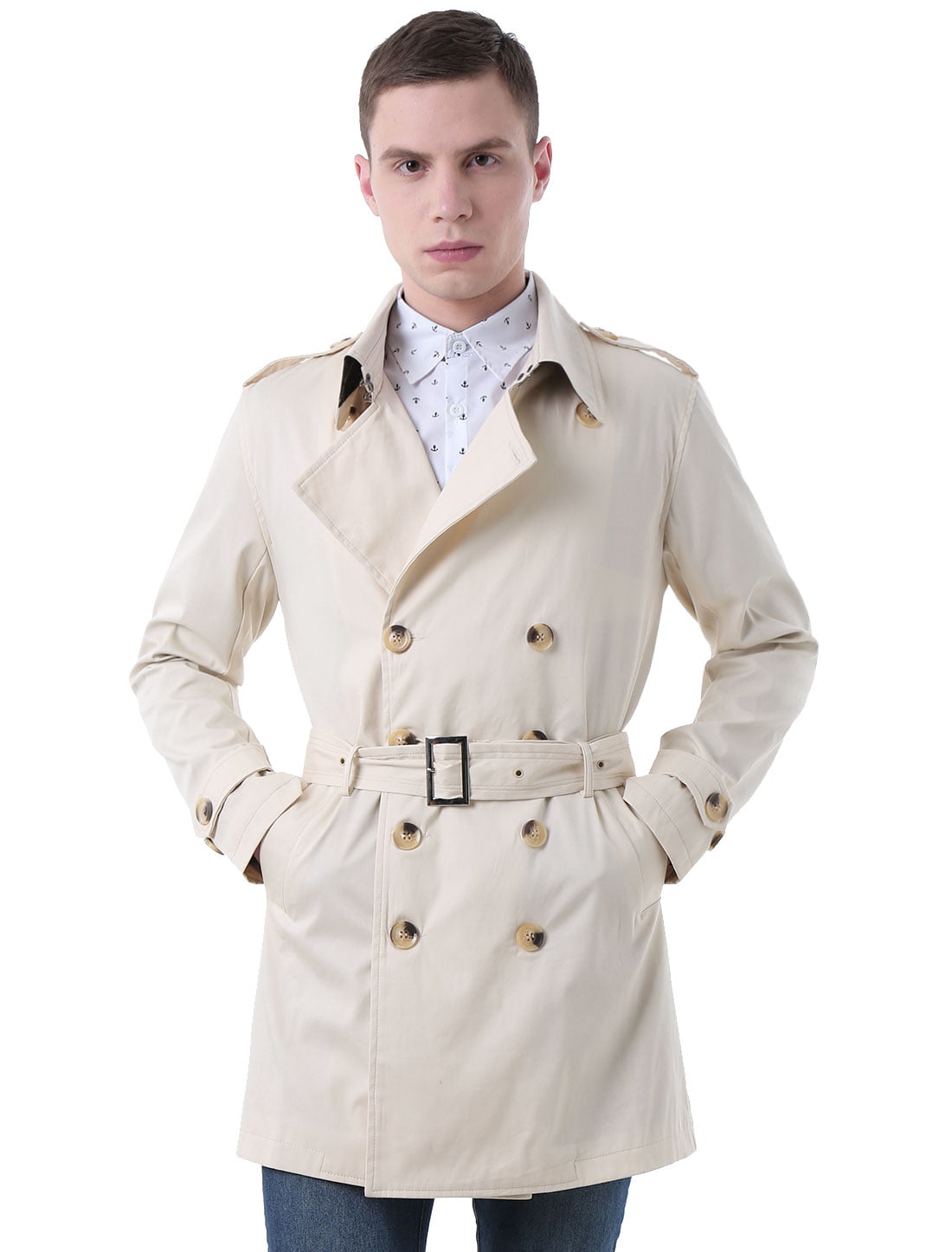 Men Button-tab Epaulets Double Breasted Belted Trench Coat Off White M ...