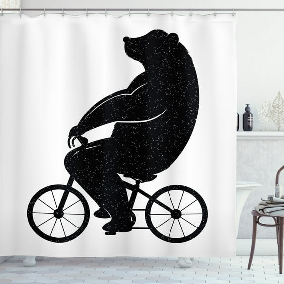Funny Bear Shower Curtain, Silhouette of a Fluffy Creature on a Bicycle Funny Childish Design, Fabric Bathroom Set with Hooks, 69W X 84L Inches Extra Long, Dark Grey and White, by Ambesonne
