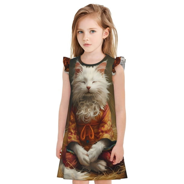 Balery Haystack Meditating Cat Camisón de princesa para niñas, pijama de algodón con mangas abullonadas, suave y bonito.-Medium