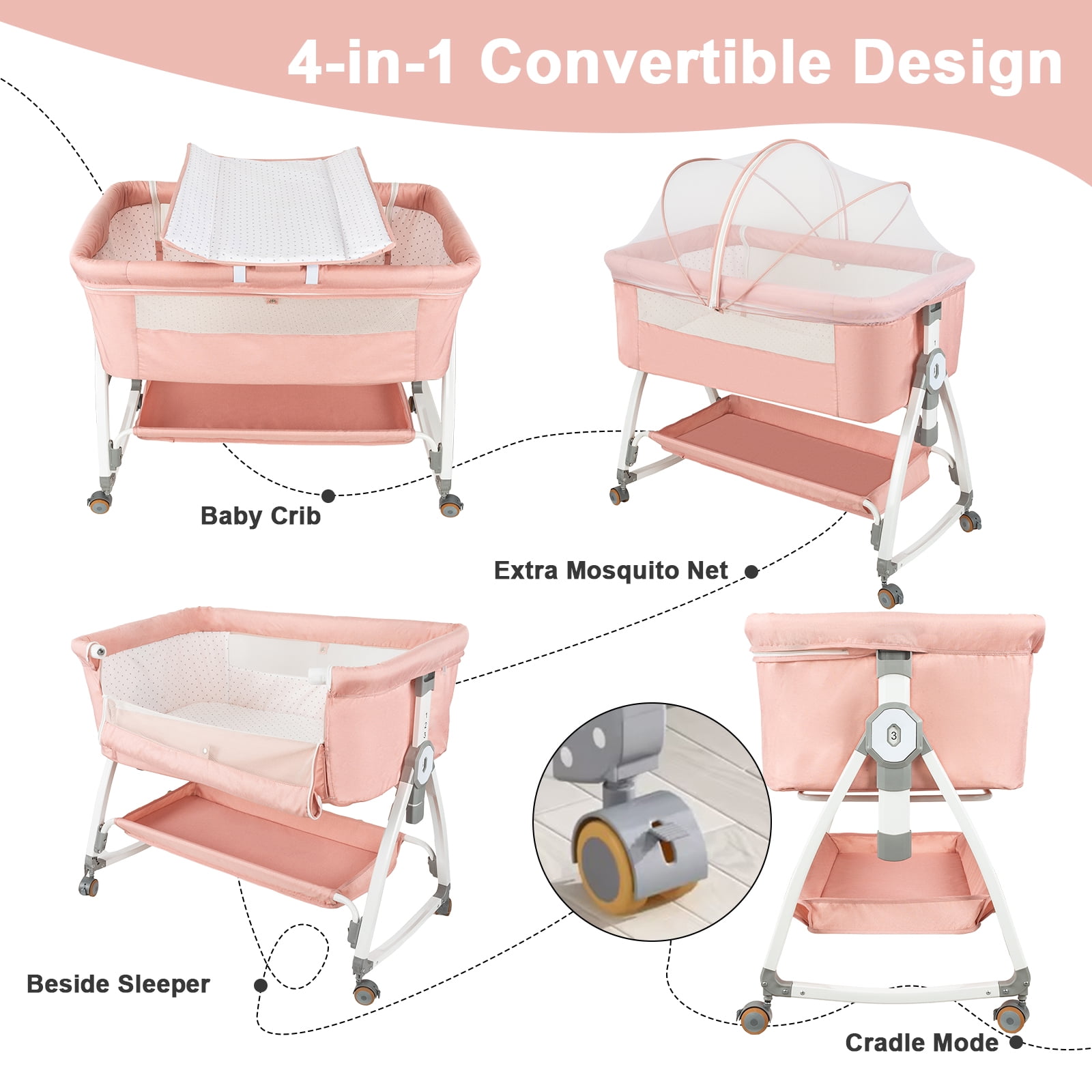 5-in-1 Folding Baby Bassinet,6-Height-Adjustable Crib with Lockable Wheels,Changing Table(Pink)