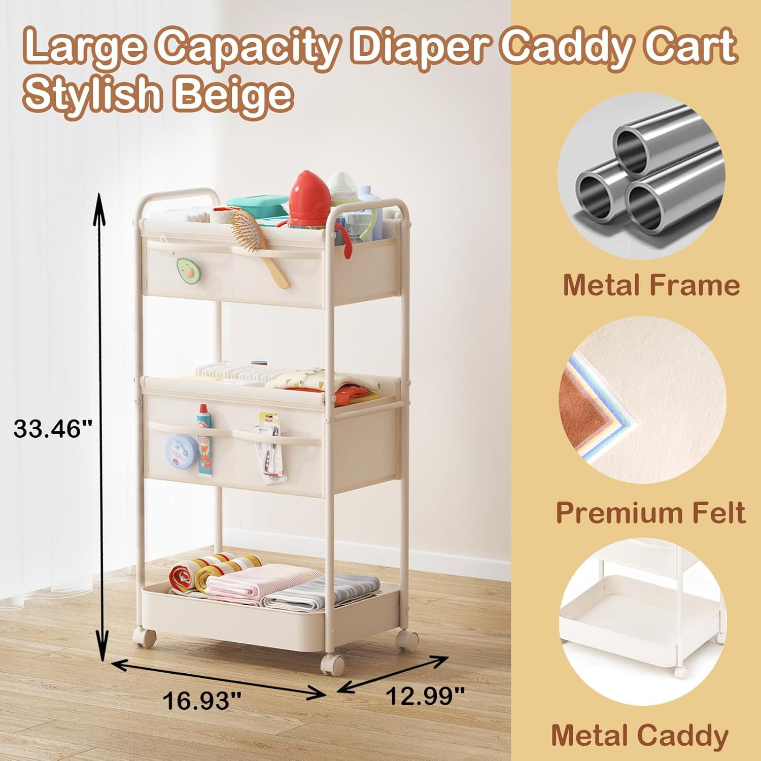 Baby Diaper Caddy, Premium Metal& Felt Movable Cart with Dividers for Newborn Nursery Essentials, Large Capacity Rolling Diaper Storage Caddy Organizer for Changing Table &Crib, Easy Assembly- Beige